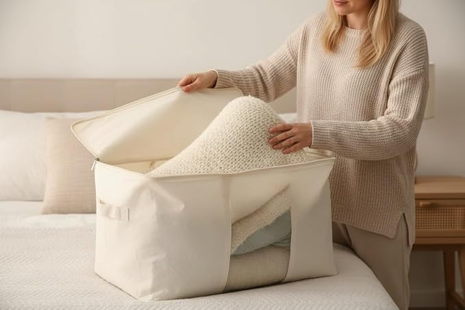 DoYiKe Soft Large Canvas Storage Bags with Zipper and Clear Window, Cotton Linen Storage Organizer for Pillows, Quilt, Blankets and Comforter, 80L, 4 Pack, Beige - Image 5