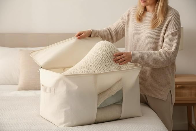 DoYiKe Soft Large Canvas Comforter Storage Bags with Four Carrying Handles and Clear Window, Closet Organizer for Clothing, Blankets Sheets Pillows and Bedding, 80L, 2 Pack, Beige - Image 5