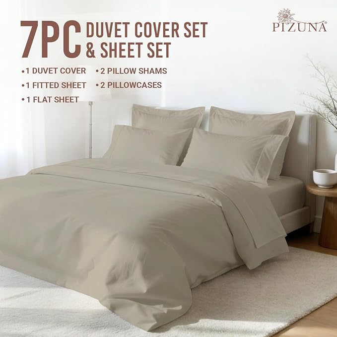 Pizuna Pure 100% Long-Staple Cotton Duvet Cover + Sheet Set Queen, Luxurious 400 Thread Count Long Staple Cotton, Soft Sateen Weave Bedding Set (Simply Taupe) - Image 3