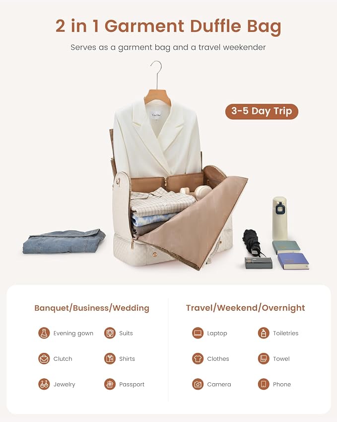 LOVEVOOK Convertible Garment Bag for Travel with Shoe Pouch, Carry On Garment Duffel Bag with Toiletry Bag, 2 in 1 Hanging Suitcase Suit Bag, Weekender Bag for Women Travel, Wedding, Beige - Image 6