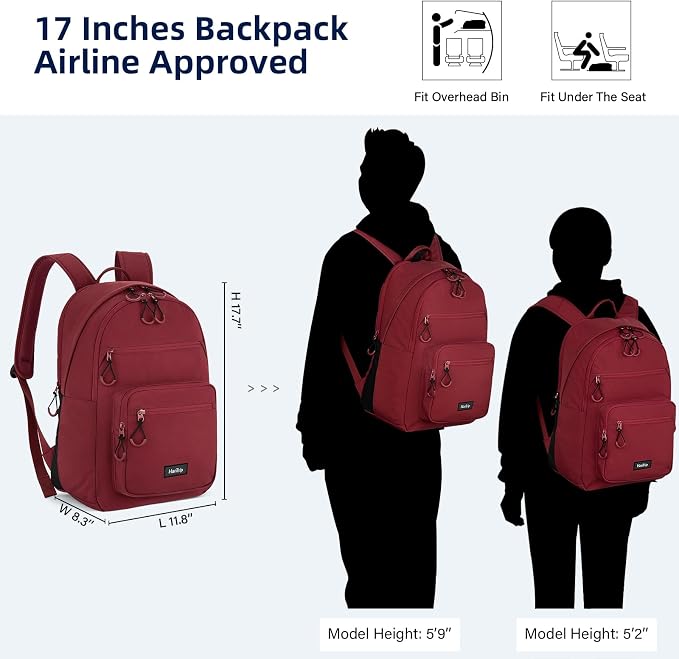 HanTrip Carry On Travel Backpack For Women, 18 Inch Water Resistant Large Backpack Lightweight Bookbag For Men, 8x14x18 Personal Item Bag Casual Daypack Backpacks For Work Office Commuter (Burgundy) - Image 2