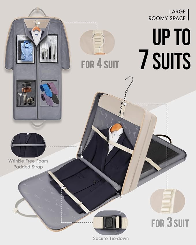 MATEIN Garment Bags for Travel for Women, Large Garment Bags for Hanging Clothes Up to 7 Suits, Business Convertible Travel Suit Carrier with Strap, Foldable Suitcase Luggage Fit 17.3" laptop, Beige - Image 2