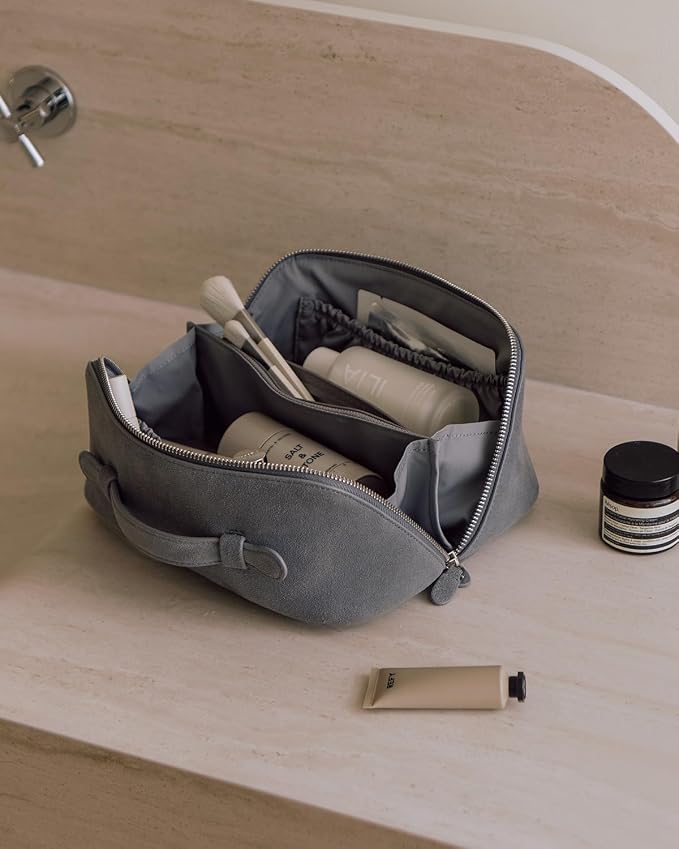 EACHY Leather Makeup Bag, Portable 180° Wide-Open Flat Cosmetic Bag for Women, Large Capacity Make Up Organizer Makeup Pouch with Divider and Handle - Image 5