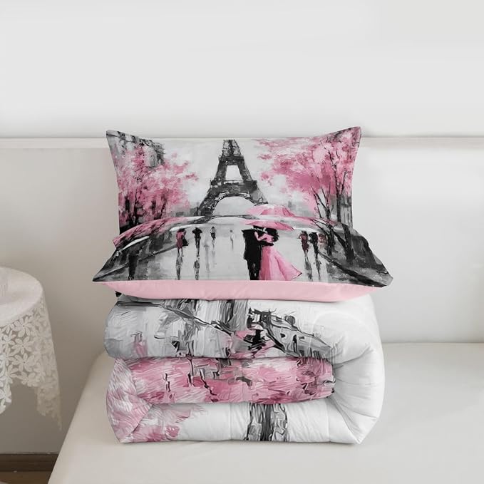 Paris Comforter Set French Eiffel Tower Bedding Sets King For Girls Kids Women Paris Themed Bedroom Decor Watercolor Cherry Blossoms Couple Comforter Retro Valentine Quilt Duvet Pink Grey 3 Pcs - Image 7