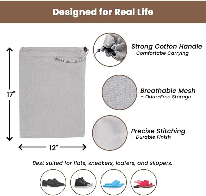 LFH Cotton Rich Shoe Storage Bags with Drawstring, Dustproof Breathable Reusable Organizer, Perfect For Travel, Dorm, Hotel, College, Gym, Easy to Carry, Machine Washable 12"x17" (Pack of 2) - Grey - Image 4