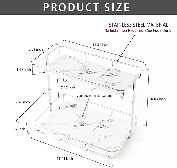 Bathroom Organizer Countertop Perfume Organizer Makeup Organizer Cosmetics Storage Display Rack Vanity Tray Dresser Stainless Steel Gold Shelf White Marble Ceramic Tray (2 Tier L-Sliver) | Perfume Organizer - Image 6