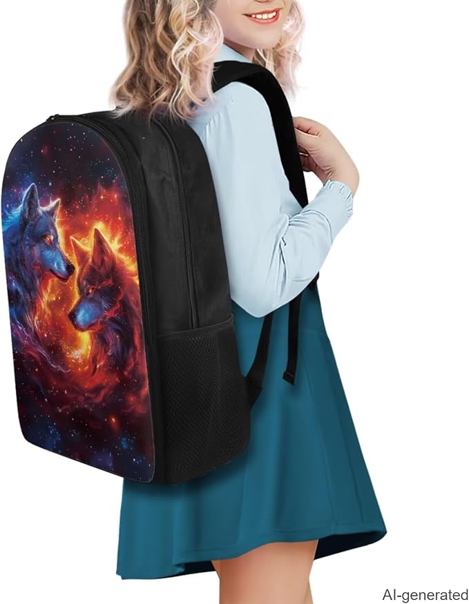 Galaxy Wolf Backpack for Girls Boys Backpack with Lunch Box Water Bottle Pouch and Zipper Pencil Pouch 4PCS Set Bookbag with Compartments for School 17 inch Large Capacity School Bag for Kids - Image 2