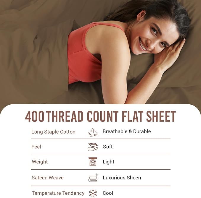Pizuna Pure 100% Cotton Flat Sheets Only King Woody Brown (1 PC), Luxurious 400 Thread Count Long Staple Cotton Sateen with 4" Hem (Combed King Flat Sheet Only Cotton) - Image 4