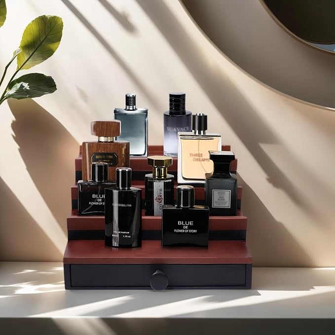 4 Tier Men's Cologne Organizer, Wooden Stand with Drawer Storage, Two Tone | Cologne Shelf and Rack, Perfume Tray, Hidden Storage, Countertop Dresser Display, Birthday Christmas Gift for Men - Image 2