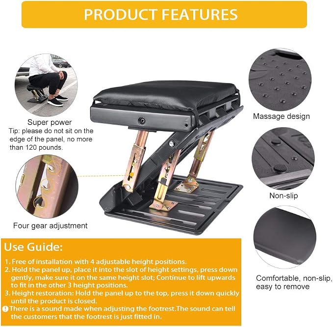 Adjustable Foot Rest for Under Desk at Work, Comfortable Footrest with 4-Level Height Adjustment, Ergonomic Leg Rest for Office Gaming Chair, Black Foot Stool with Removable Soft Pad - Image 5