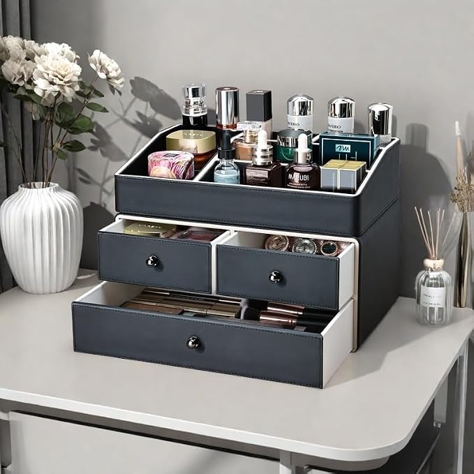 KINGFOM 2 Tier PU Leather Makeup Organizer with 3 Drawers, Cosmetic Storage Organizers for vanity Dresser Countertop and Bathroom Vanity, Beauty Holder for Lipstick Brush Skincare (Black) - Image 7