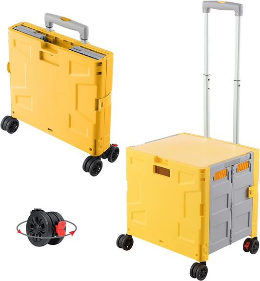 FELICON Folding Utility Cart Rolling Crate Handcart Basket Tote-Yellow+Gray | Collapsible Hidden Lid,Plastic Box,Telescoping Handle,4 Rotate Wheels for Travel Shop Move Grocery Laundry Office Teacher Use by FELICON