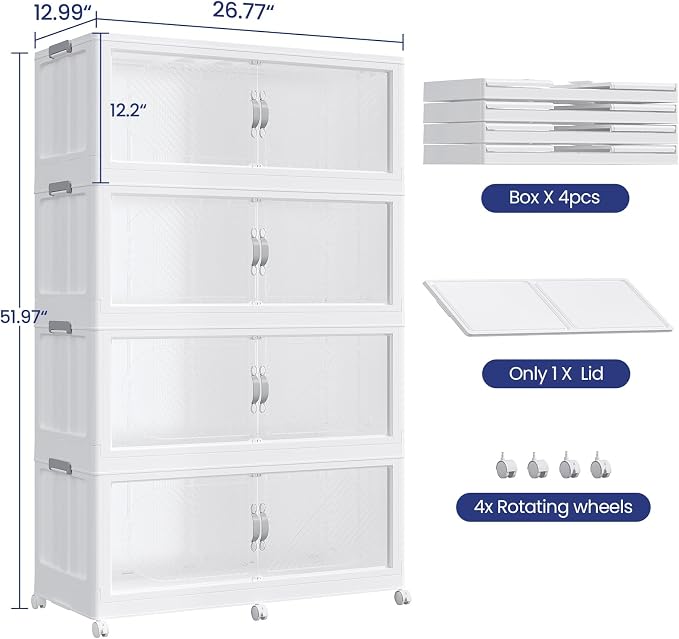 120Gal/480QT 4-Tiers Extra Large Stackable Storage Bins with Lid, Collapsible Cabinet Closet Organizer Plastic Container Box with Wheels Doors Drawers for Office Dorm Kitchen, White - Image 2