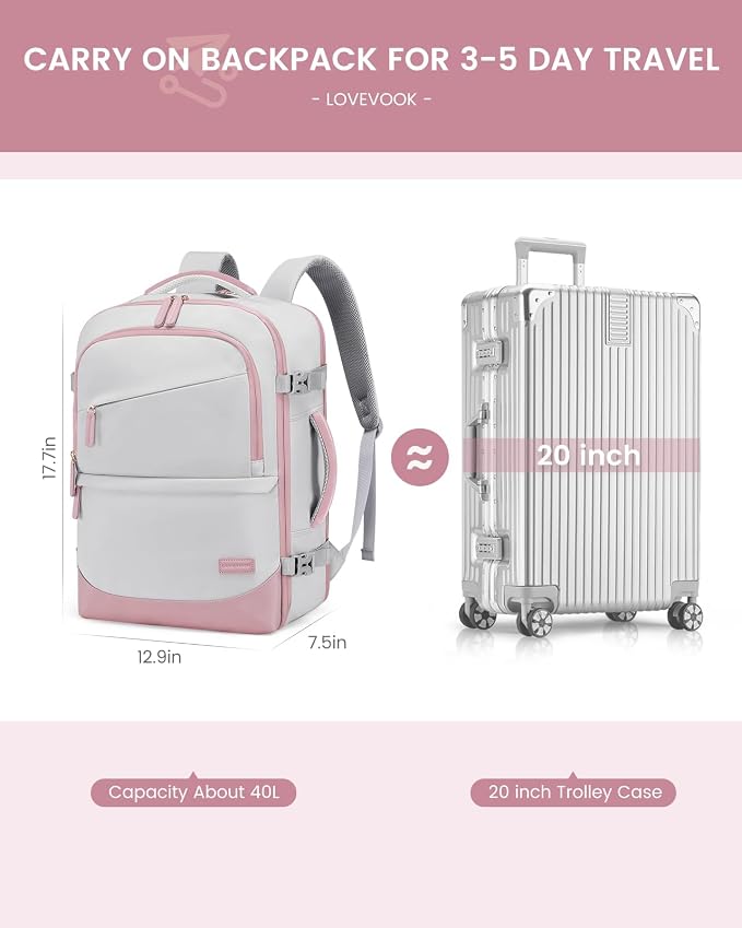 LOVEVOOK Travel Backpack for Women & Men, 40L Carry on Backpack Airline Approved, Large TSA Personal Item Travel Bag fits 17.3" Laptop, Business Weekender Bag for Essentials, 4Pcs - Image 4