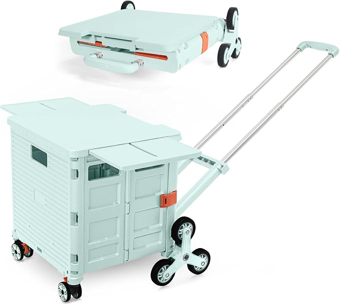 Foldable Utility Cart Portable Crate Rolling Dolly with Telescopic Handle,Can be Pulled diagonally, Magnetic Retractable Lid, 360°Swivel Climbing Wheels for Shopping Carrying Groceries Move Green by FELICON