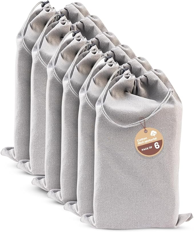 LFH Cotton Rich Shoe Storage Bags with Drawstring, Dustproof Breathable Reusable Organizer, Perfect For Travel, Dorm, Hotel, College, Gym, Easy to Carry, Machine Washable 8"x17" (Pack of 6) - Grey by LFHHomePrivateLimited