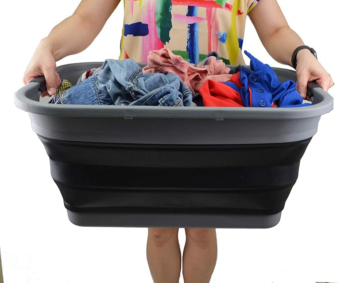 SAMMART 41L (10.8 gallon) Collapsible Plastic Laundry Basket - Foldable Pop Up Storage Container/Organizer - Portable Washing Tub - Space Saving Hamper/Basket, (Rectangular, Grey/Black) - Image 6