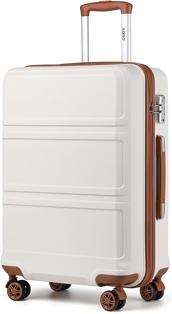 Kono 24 Inch Luggage Suitcase with Spinner Wheels TSA Lock | Lightweight PC+ABS Hardside Medium Checked Luggage Durable Rolling Suitcase Cream White by Kono