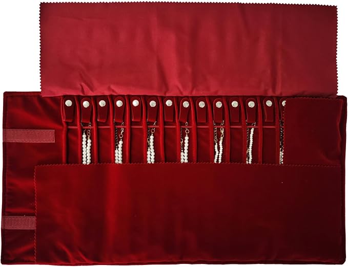Travel Necklace Organizer, Tangle Free Jewelry Case, 16 Slots | Foldable,LightWeight Compact, Velvet Lining Jewelry Storage Bag for Chain Bracelet, Gift for Women Girls,Burgundy - Image 8