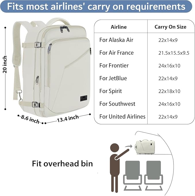 MATEIN Large Backpack for Travel Flight Approved, 45L Carry on Backpack with Padded Shoulder Straps for Adult, Men, Women, Expandable Daypack for Clothes, Travel Essentials, Beige | Expandable Daypack with Padded Shoulder Straps for Adult Men Women, Fi... - Image 2