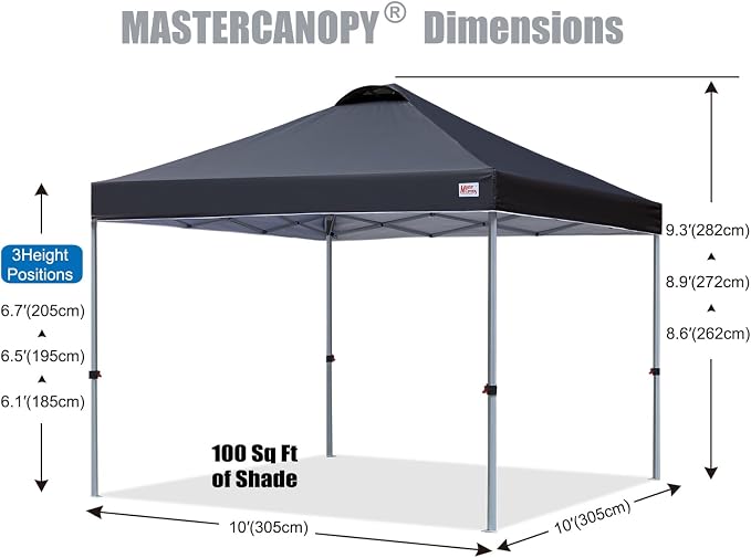MASTERCANOPY 10x10 Pop Up Canopy Tent, 1 Person Setup Instant Shelter,Outdoor Portable Beach Canopy with Roller Bag, 4 Sandbags, 4 Ropes, 8 Stakes (10x10, Black) - Image 2