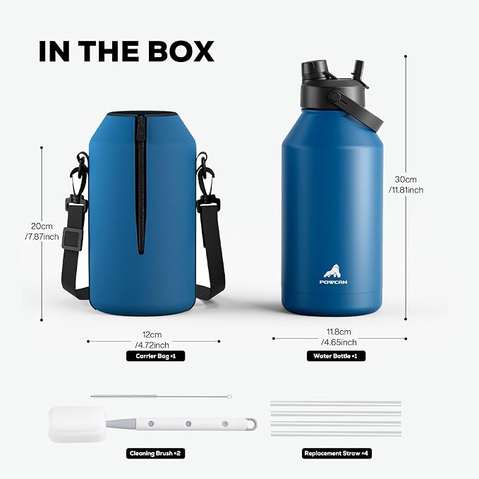 POWCAN 64 oz Insulated Water Bottle with 2-in-1 Straw Spout Lid, Leakproof, Carrier Bag, Shoulder Strap, Keep Cold 48H, Half Gallon Stainless Steel Water Jug for Men, Sports, Camping, Fitness (Indigo) - Image 4