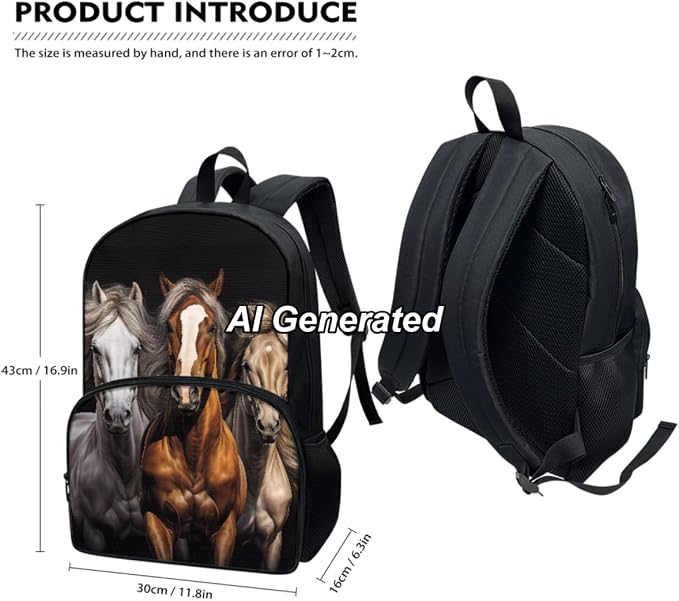 Horse Boys Backpack 8-12 Teenage Boys Girls Schoolbag Set with Lunch Box and Pencil Case Book Bags for Middle School 17 Inch Laptop Bag, 3Pcs - Image 3