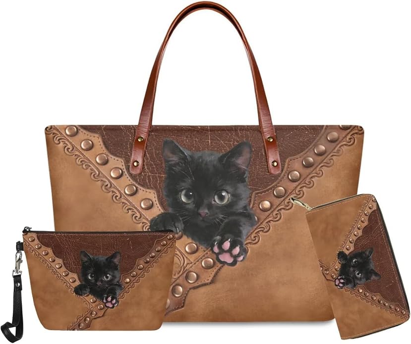 GIFTPUZZ Women Tote Bag Women Wallet Portable Cosmetic Bag for Women Bag Set 3 Pack PU Leather Bags with Zipper - Image 3