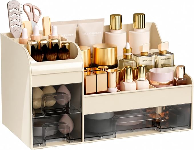 Makeup Organizer with Drawers,Large Cosmetic Storage Box,Countertop Skincare Organizer,ABS Makeup Brush Holder for Bathroom,Desk,Dresser,Multifunctional Beauty Display Case,Cream transparent by Unknown