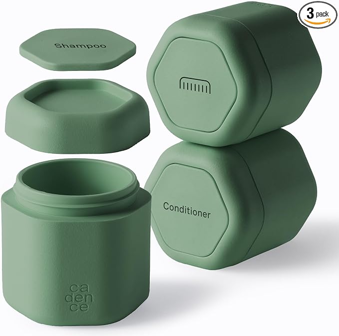 Cadence Travel Containers Haircare Capsule Set - Magnetic Containers with Lids,Carry On Travel Essentials For Women/Men - 3 Flex Mediums (1.32oz) - Shampoo, Conditioner & Comb Icon Labels - Eucalyptus by KeepYourCadence