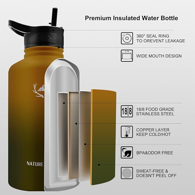 NATURE PIONEOR 64 oz Insulated Water Bottle with Carrier Bag & 3 Lids | 18/8 Food-grade Stainless Steel, Double Vacuum Insulation, 3 Leak-proof Lids, Strap, Camping, Hiking, Gym, Work - Image 2