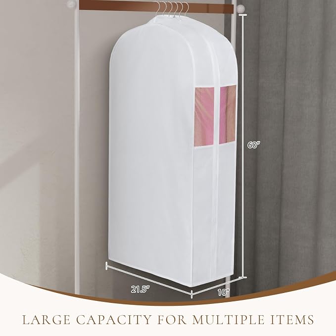 Univivi Premium Cotton Garment Bags for Hanging Clothes and Storage, 60 Inch Washable Dress Bags for Gowns Long, Full Zipper Dust Cover with Extra Large 10" Gusset & Clear Window - 2 Pack - Image 6
