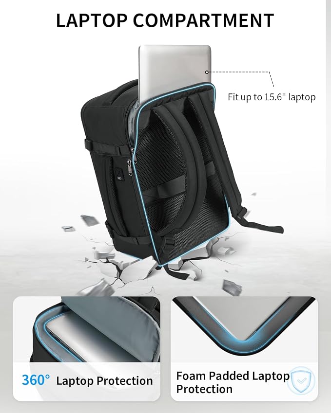 ECOHUB Travel Backpack for Men Women, Carry on Backpack with USB Charging Hole, Spirit Airlines Personal Item Bag Flight Approved, 15.6 Inch Laptop Backpack with Anti Theft Pockets, 30L, Black - Image 3