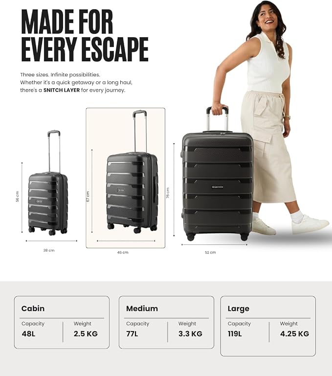 SNITCH Hard Plastic Polypropylene Travel Suitcase Small Luggage with 8 Wheels Premium Lock Wet Dry Bag and Shoe Bag Black, black, 2Pc Set, Feather-light & robust built: High-strength - Image 6