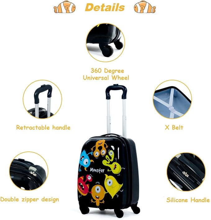 HONEY JOY Kids Luggage, 12" Toddler Backpack & 16" Travel Suitcase with Wheels, Lightweight Toddler Girls Suitcase, Durable ABS Hardshell, 2Pcs Carry On Luggage Set for Boys Girls, Black Monster - Image 4