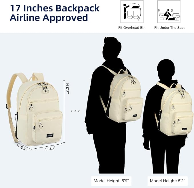 HanTrip Carry On Travel Backpack For Women, 18 Inch Water Resistant Large Backpack Lightweight Bookbag For Men, 8x14x18 Personal Item Bag Casual Daypack Backpacks For Work Office Commuter (Offwhite) - Image 2