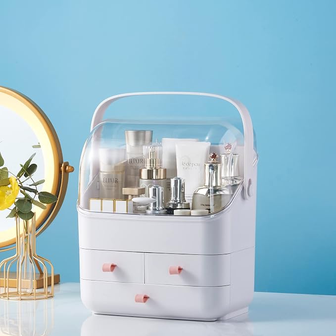 SUNFICON Makeup Organizer Cosmetic Organizer Makeup Storage Holder Box Crystal Clear Lid w Handheld 3 Drawers Dustproof Waterproof for Vanity Bathroom Countertop Birthday - Image 4
