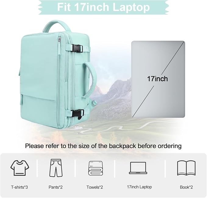 Hanples Large Travel Backpack for Women as Person Item Flight Approved, 35L Carry on Backpack, 17 Inch Laptop Backpack, Waterproof Backpack,Casual Bag with 2 Toiletry Bags (Mint Green) | 35L Carry on Backpack, TSA Flight Approved Anti Theft Travel Bag,... - Image 4