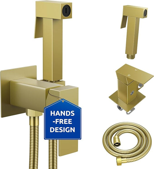 Arofa Warm Water Bidet Sprayer for Toilet with Hot and Cold Rough-in Valve, Hands-Free Handheld Jet Spray with Adjustable Water Flow, Square Toilet Sprayer with Bidet Hose for Feminine Wash, Gold