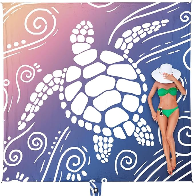 WEKAPO Beach Blanket Waterproof Sandproof Oversized Extra Large Sand Free Beach Mat with Stakes, Storage Bag - Essentials for Outdoor Beach, Picnic (Deep Blue Sea Turtle, 11 X 9 FT (1~10 Person)) by Wekapo