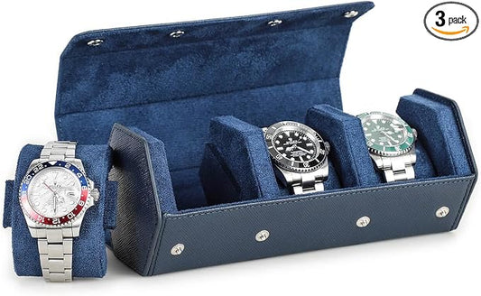 Hiram Genuine Leather Hexagon Watch Roll Travel Case, Leather 3-Watches Roll Case with Removable Pillow Cushion for Treasured Watches and Bracelets -Blue by Hiram