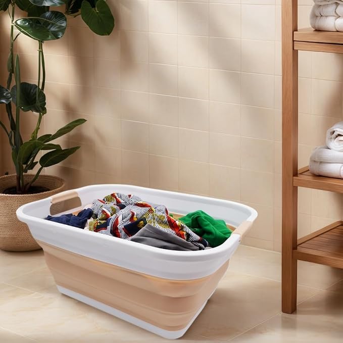SAMMART 41L (10.8 gallon) Collapsible Plastic Laundry Basket - Foldable Pop Up Storage Container/Organizer - Portable Washing Tub - Water capacity: 32L (8.4 gallon) (Rectangular, White/Beige) - Image 3