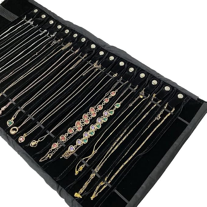 Travel Necklace Organizer, Tangle Free Jewelry Case, 16 Slots | Foldable,LightWeight Compact, Velvet Lining Jewelry Storage Bag for Chain Bracelet, Gift for Women Girls,Black PU and Velvet - Image 5