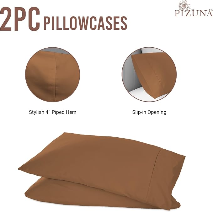 Pizuna Pure 100% Cotton Pillow Case Queen (2 PC), Luxurious 400 Thread Count Long Staple Cotton Sateen with Stylish 4" Hem (Combed Mocha Brown Cotton) - Image 3