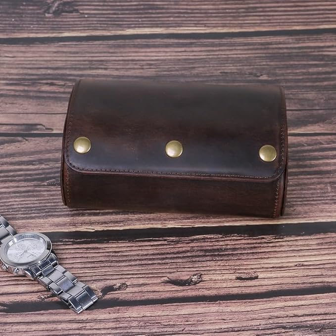 Genuine Leather Watch Roll Travel Case,2 Slots Vintage Full Grain Leather Watch Box with Pillow for Men,Watch Storage Organizer for Home Storage, Gifts - Image 5