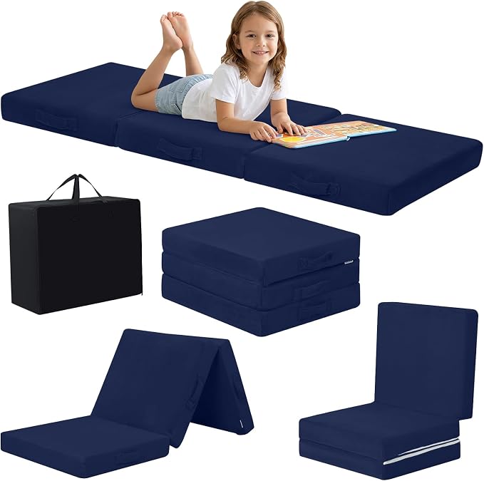MeMoreCool Foldable Floor Mattress for Kids Trifold, 63x26 Inch Navy | Trifold futon floor mattress for playroom, reading nook and travel, washable by MeMoreCool