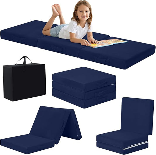 MeMoreCool Foldable Floor Mattress for Kids Trifold, 63x26 Inch Navy | Trifold futon floor mattress for playroom, reading nook and travel, washable by MeMoreCool
