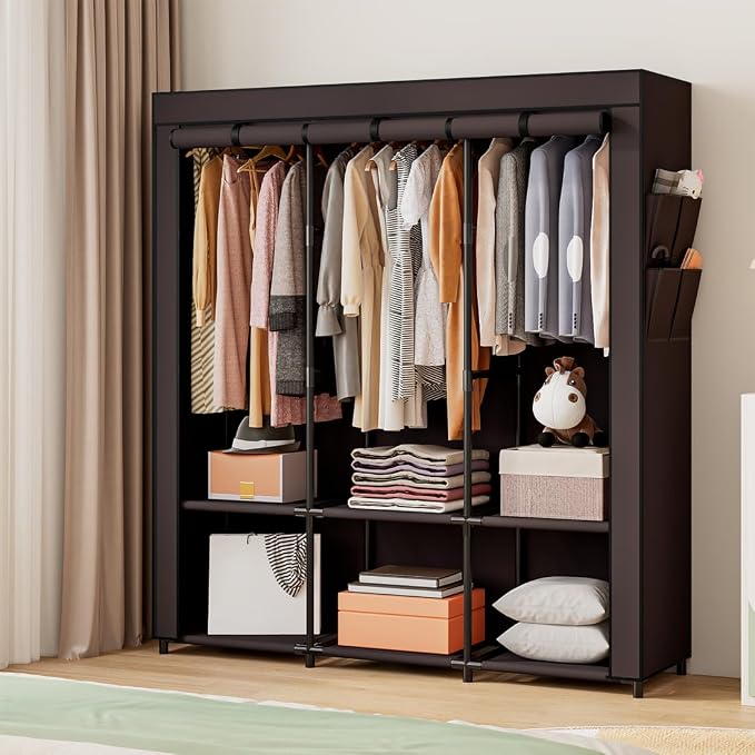 SORCEDAS Portable Closet Wardrobe Storage Organizer Metal Hanging Rack Non-Woven Fabric 50 Inch (Coffee) - Image 2