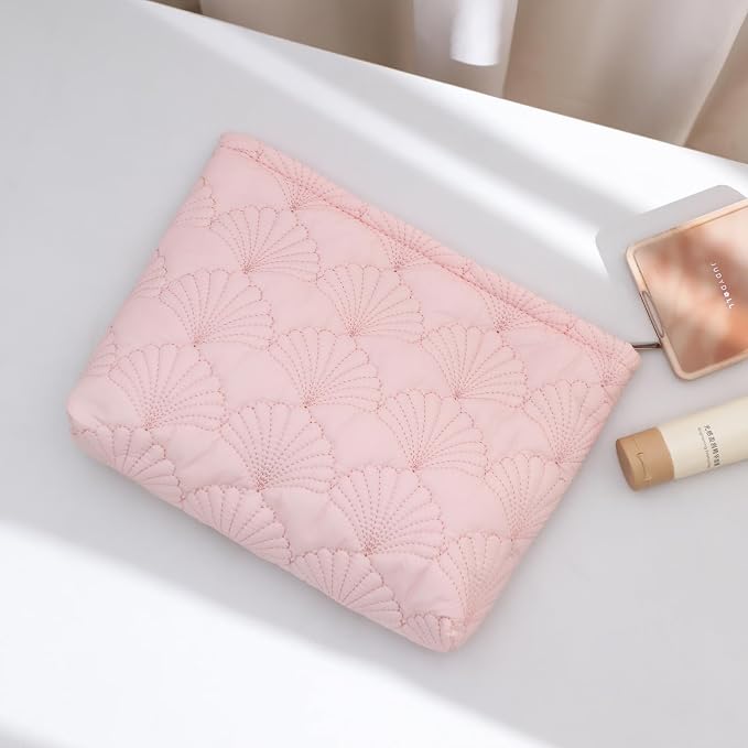 RSRSLEII Quilted Cotton Coquette Makeup bag, Coastal Granddaughter Aesthetic Cosmetic Bag, Cute Seashell Portable Travel Toiletry Pouch(10Pink - Image 2