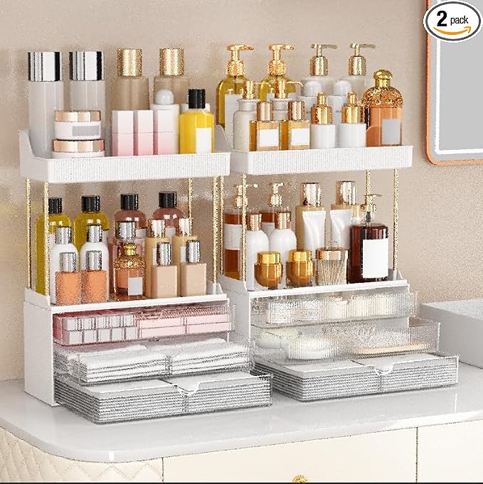 caktraie 2 Pack Bathroom Counter Organizer - 3 Drawers Makeup Organizer, Cosmetic Storage Drawer for Dresser Countertop and Bathroom Vanity for Large Skincare, Perfume, Clear by shoeboxesanddeskorganizers